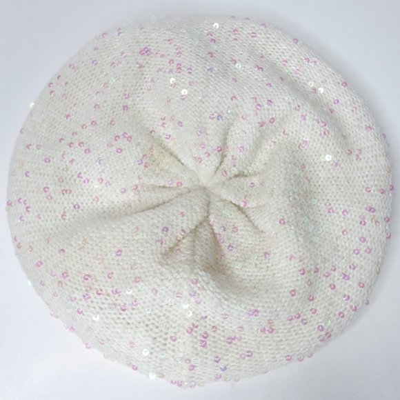 H&M Cream Knit Pink Sequined Beret - Picture 1 of 9